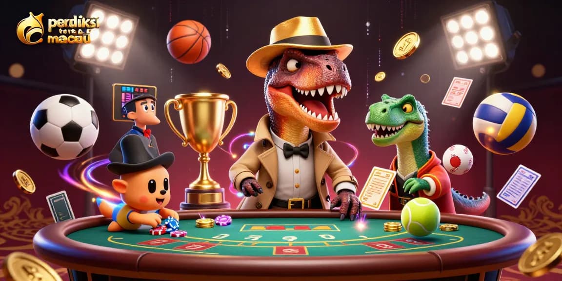 Prediksi toto macau illustrated by a cartoon velociraptor card counter with gaming elements in a casino