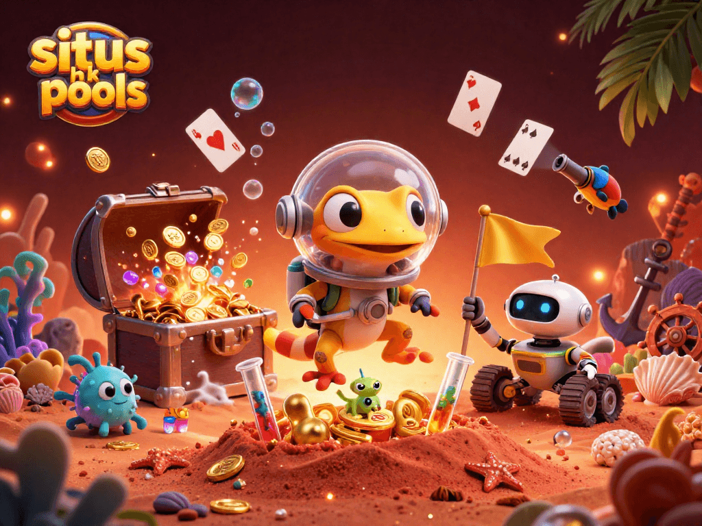 Menggali kekayaan situs hk pools dengan gecko Martian dan robot, penuh dengan koin emas dan kartu bermain.