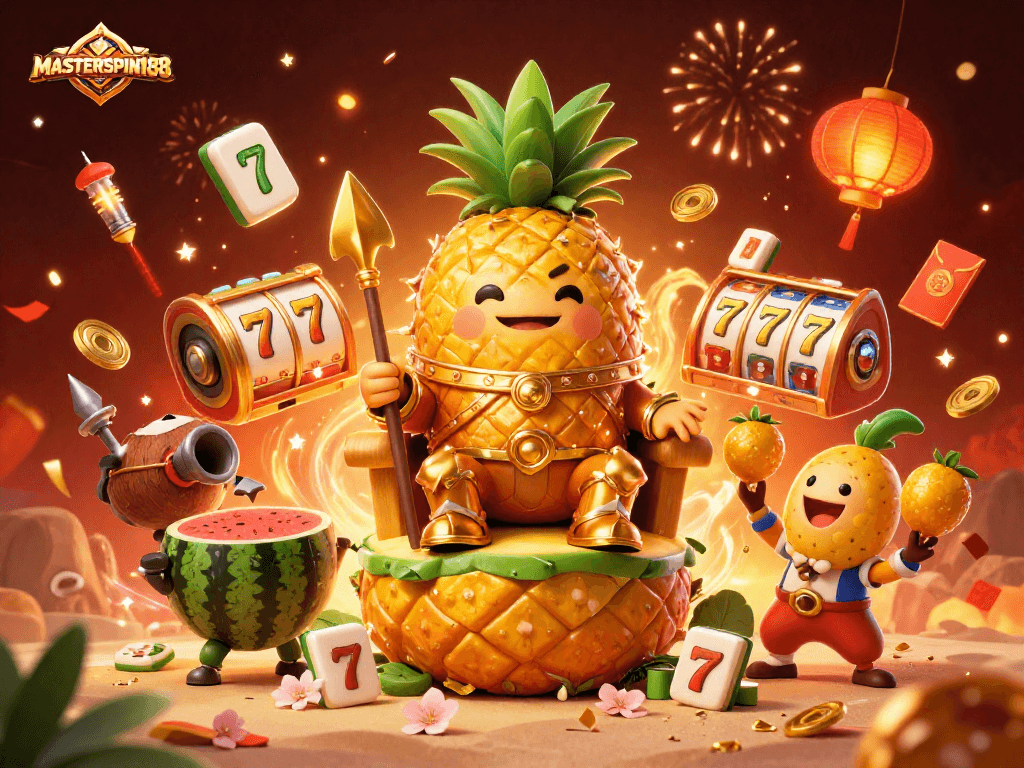 Engage with the thrilling vibes of MASTERSPIN188 at a lively beach casino, featuring vibrant characters and slot reels.