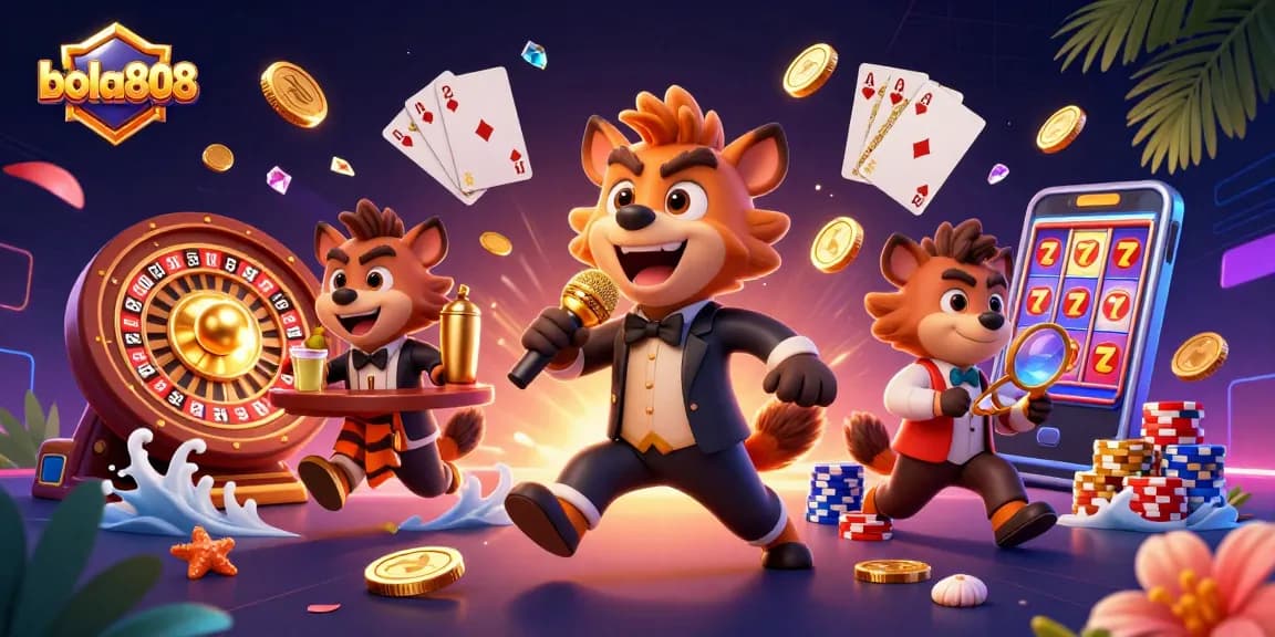 Bets with bola808 at a vibrant sports betting scene featuring funny hyenas in a casino.