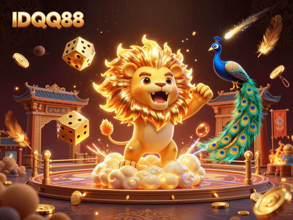 Engage with IDQQ88's vibrant gaming experience featuring a lion, golden dice, and casino elements.