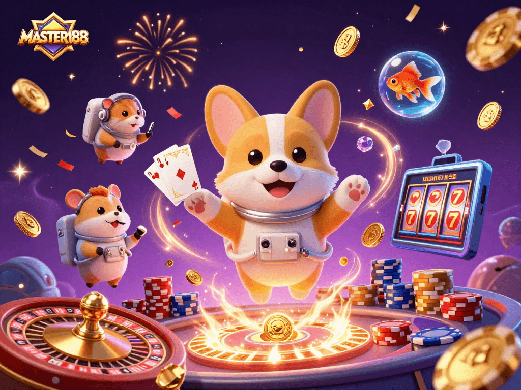 MASTER188 celebrates gambling adventures with a 3D cartoon astronaut corgi in a vibrant casino scene.