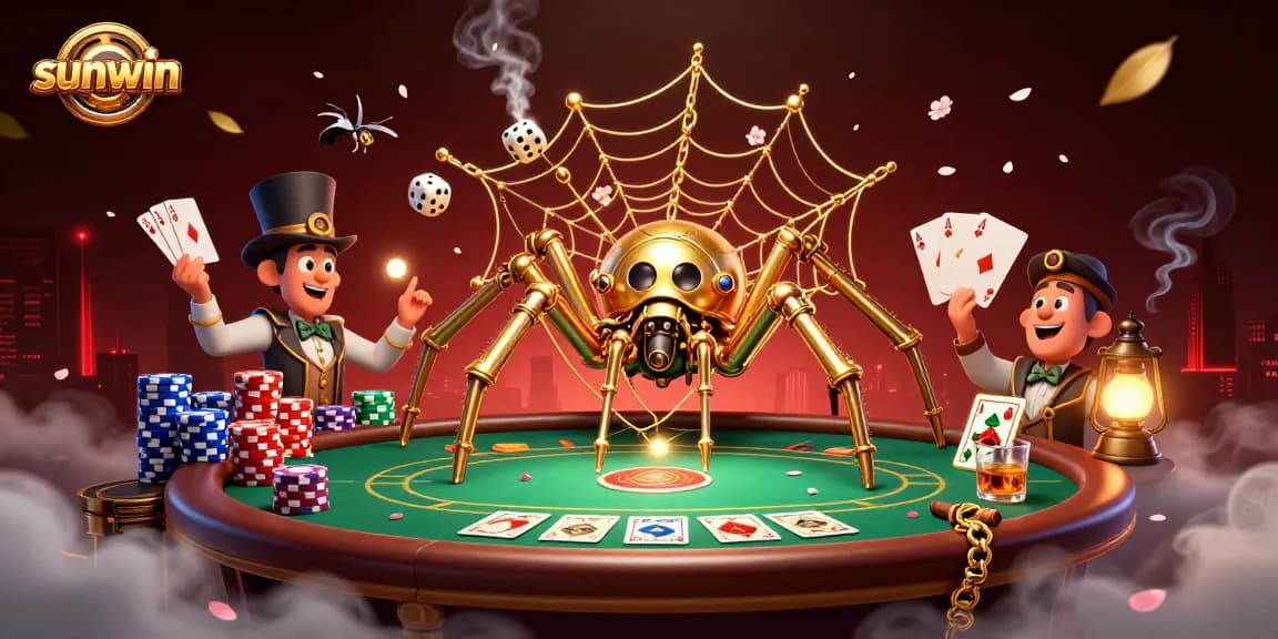 Experience thrilling wins with sunwin at a dynamic poker scene featuring a steampunk spider.